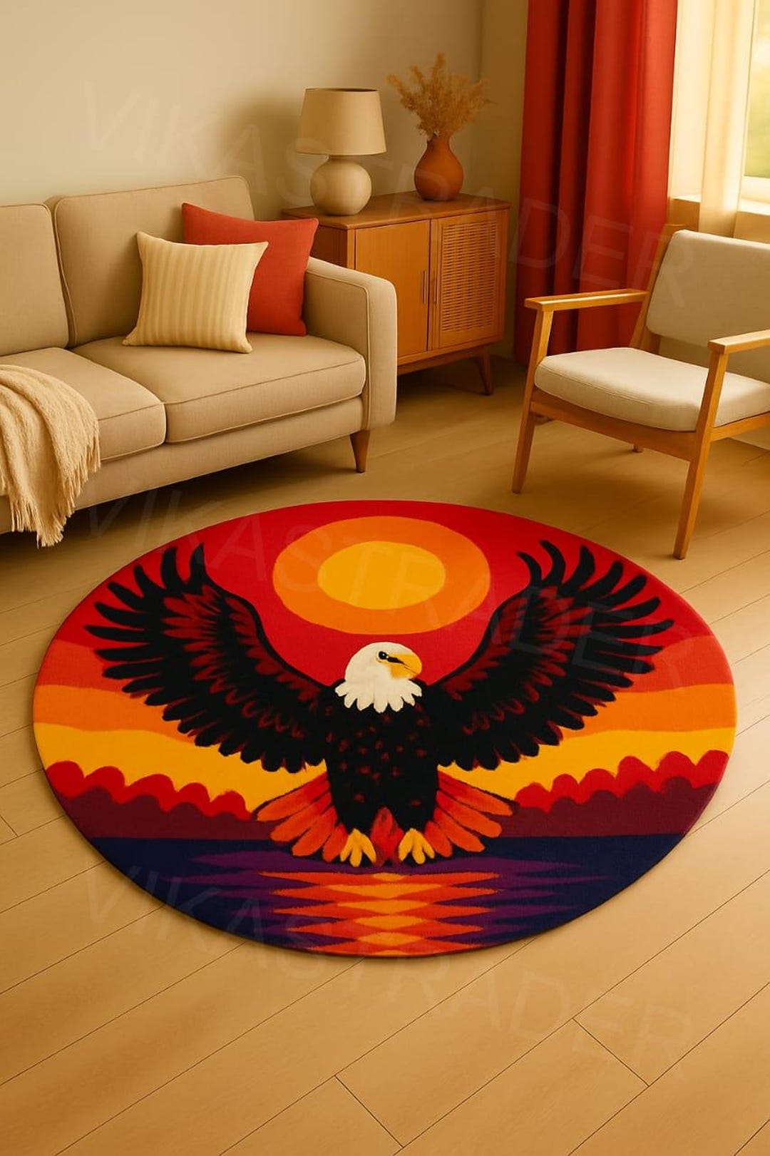 Round Eagle Tufted Rug, Handmade Sunset Bird Carpet, Colorful Wildlife ...