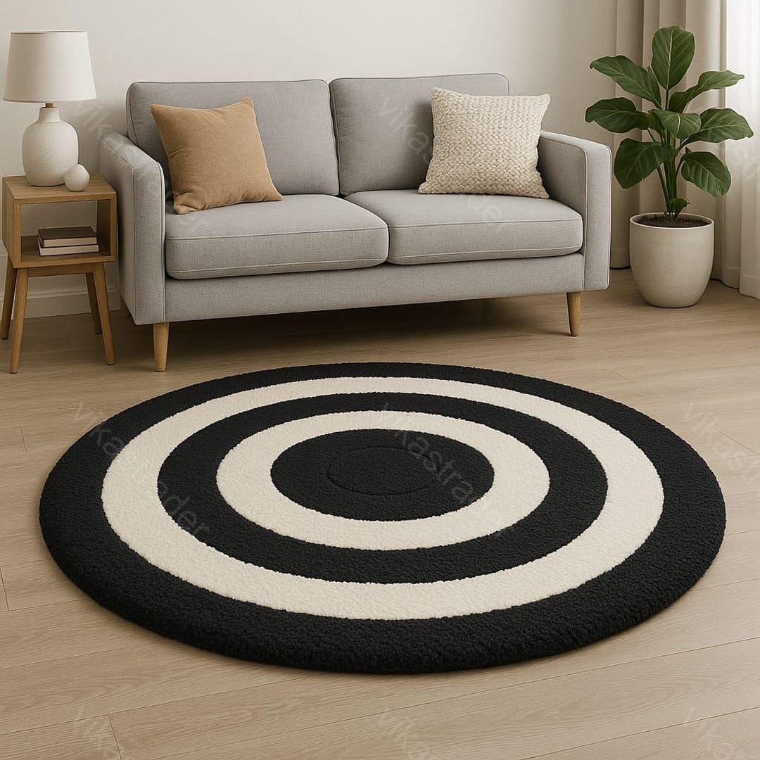 Round Rug With Patterns Hand-tufted Round Rug: Black and White Concentric Circle Pattern. - Etsy
