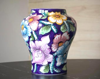 Large Hand-Painted Vase with Flowers