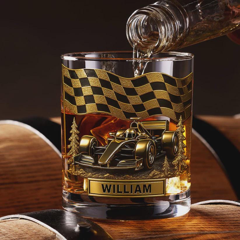 Racing Car Whiskey Glass – Checkered Flag Motorsport Design – Personalized Gift for Formula Racing Fans, Drivers & Collectors