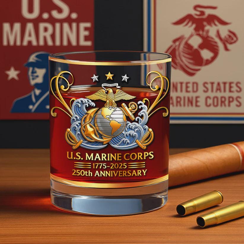 US Marine Corps 250th Anniversary Whiskey Glass – Semper Fidelis Eagle Globe Anchor Tribute – Military Veteran Gift 1775–2025