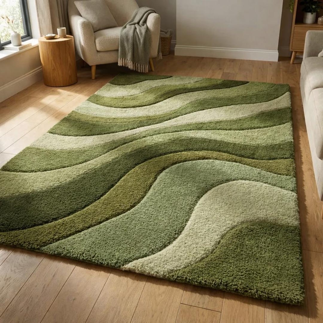 Modern Olive Green Area Rug With Wavy Design Carpet for Living Room ...