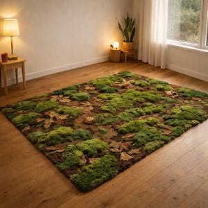 May include: A rectangular rug with a mossy design. The rug features varying shades of green and brown, mimicking a forest floor. The rug is placed on a wooden floor in a well-lit room, creating a natural and earthy aesthetic.