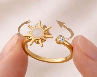 Bague soleil, anneau ajustable, anneau rotatif sunburst or et argent pour l'anxiété, cadeau pour elle, cadeau pour petite amie
