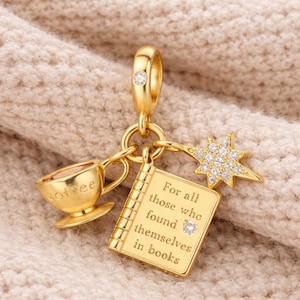Pandora Compatible Book Readers Charm Gift, Coffee Lover Charm, Unique Book Lovers Gift, European Charm Bead Best Minimalist Gift For Her 画像 1