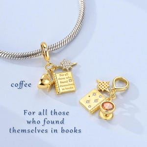 Pandora Compatible Book Readers Charm Gift, Coffee Lover Charm, Unique Book Lovers Gift, European Charm Bead Best Minimalist Gift For Her 画像 4