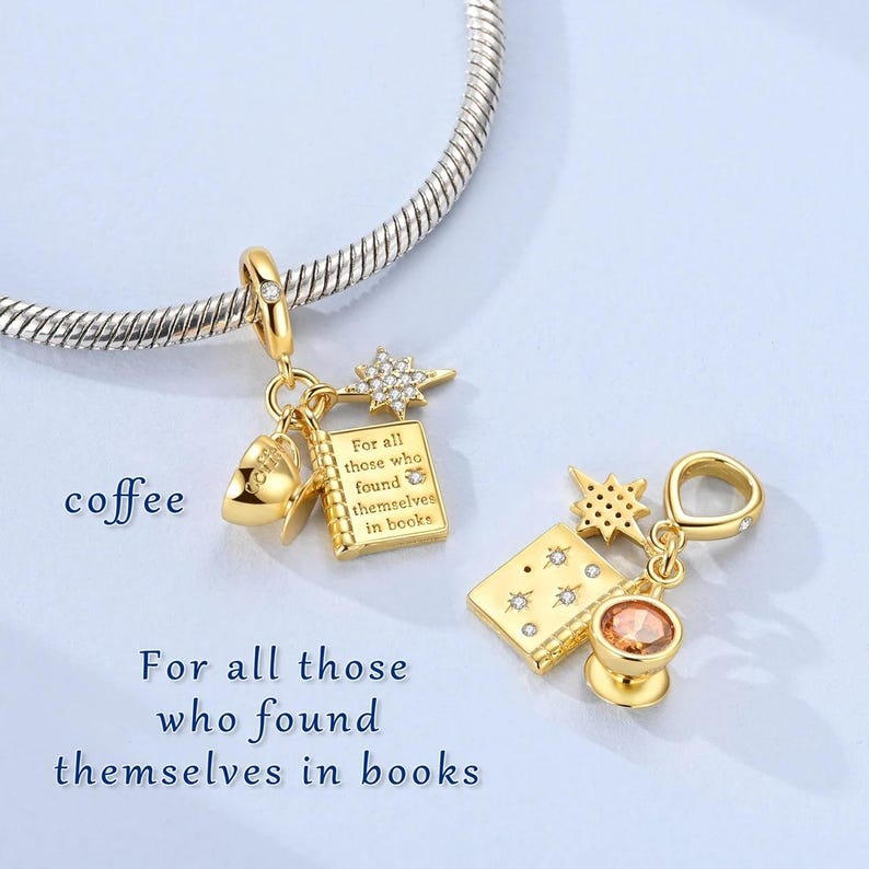 Pandora Compatible Book Readers Charm Gift, Coffee Lover Charm, Unique Book Lovers Gift, European Charm Bead Best Minimalist Gift For Her 画像 4