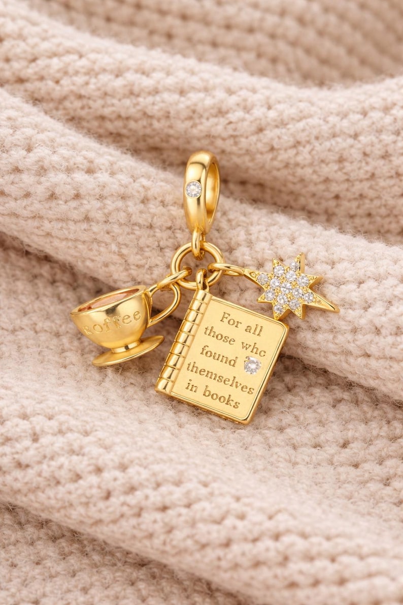 Pandora Compatible Book Readers Charm Gift, Coffee Lover Charm, Unique Book Lovers Gift, European Charm Bead Best Minimalist Gift For Her 画像 1