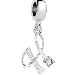 May include: A silver charm in the shape of the letter "H". The charm has a cursive design and a small, clear gemstone. It is designed to be added to a bracelet or necklace. The charm is suspended from a loop.