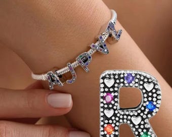 Letter A - Z Alphabet Charms, 925 Sterling Silver Rhinestone Charm For Pandora Bracelet, Personalized Gift for Her, European Bracelet Charms