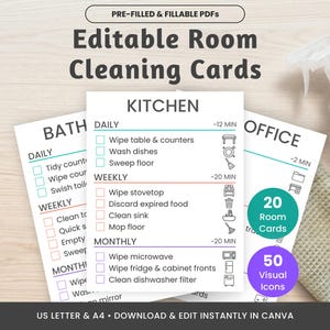 May include: Editable room cleaning cards featuring a kitchen checklist with daily, weekly, and monthly tasks, checkboxes, and icons. The document includes sections for bathroom and office cleaning, with 20 room cards and 50 visual icons included.