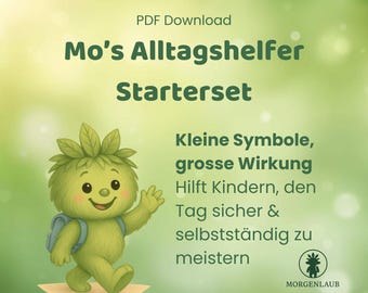 Puede incluir: Anuncio con un personaje de dibujos animados verde con una mochila y pelo con forma de hojas. El texto dice "Mo's Alltagshelfer Starterset" y "Kleine Symbole, grosse Wirkung". El fondo es un degradado verde suave.