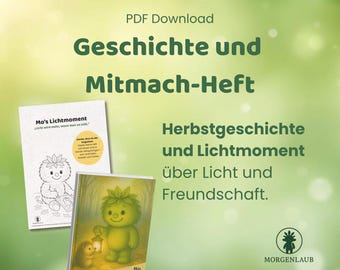 Puede incluir: Dos libros infantiles con ilustraciones de un personaje verde sosteniendo una linterna. Los libros se titulan "Geschichte und Mitmach-Heft" y "Mo und das Licht, das man teilen kann". El fondo es un degradado de verde.