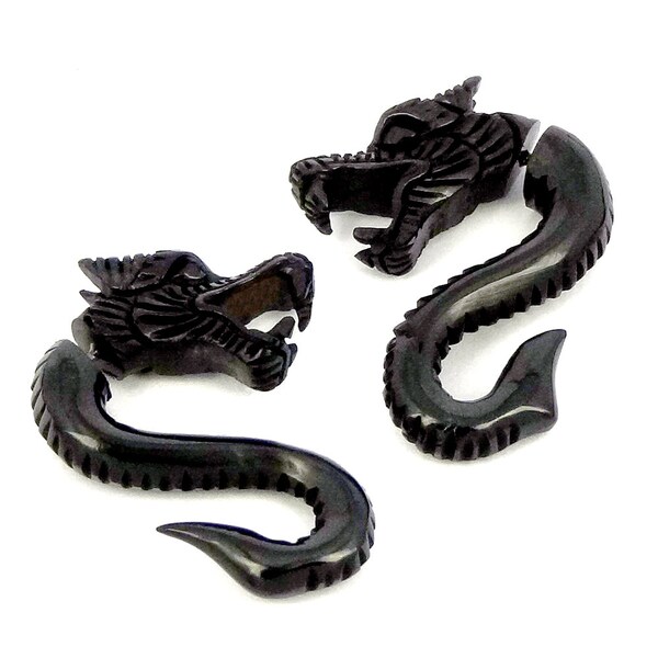 Horn Earrings -- 1 Pair Organic Fake Gauge Earrings - Finely Detailed Dragons - Black Buffalo Horn Earrings - (By Fake Gauge Organics)