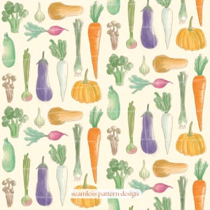 Puede incluir: Un diseño de patrón continuo con ilustraciones en acuarela de varias verduras, incluyendo zanahorias naranjas, berenjenas moradas, brócoli verde, calabazas amarillas, rábanos blancos, calabacines verdes, champiñones marrones y cebollas verdes sobre un fondo crema.