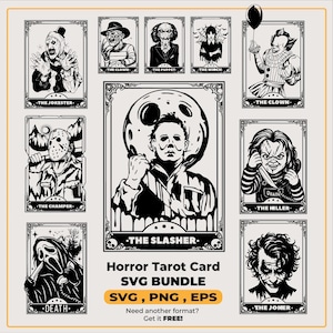 May include: A black and white SVG bundle of horror-themed tarot cards. The cards feature iconic characters like a clown, a slasher, and a killer. The text "Horror Tarot Card SVG Bundle" is also included.
