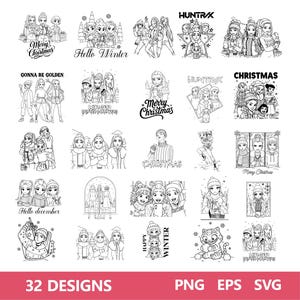 May include: A collection of 32 black and white digital designs featuring illustrations of people, winter scenes, and text such as "Merry Christmas", "Hello Winter", and "Happy Winter". The designs are available in PNG, EPS, and SVG formats.