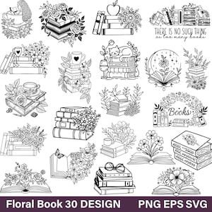 Puede incluir: Una colección de diseños de libros florales en blanco y negro. Las imágenes incluyen pilas de libros, libros abiertos y libros con flores, tazas y otros elementos decorativos. El texto incluye "There is no such thing as too many books" y "Books".