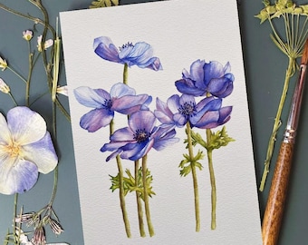 オリジナルブルーアネモネ水彩画：花のボタニカルアート（A4） - Etsy 日本