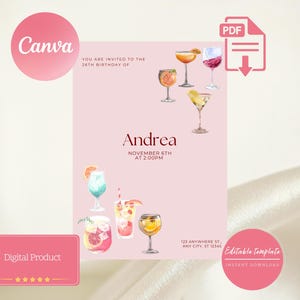 pink birthday invitation - customisable | adult birthday|digital party invite - drinks decorated | birthday card template to invite friends