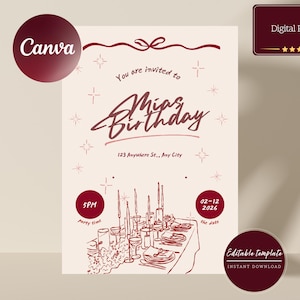 burgundy customisable birthday invitation | dark red & drink-decorated party invite | digital and editable celebration card template | event