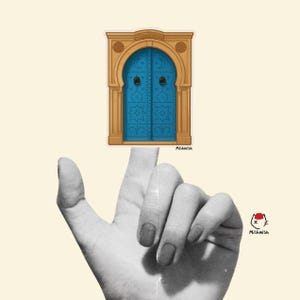 May include: A sticker featuring a teal door with intricate patterns and a tan archway. The door has two round handles and is set against a cream background. The word "Mishmish" is written on the bottom right.