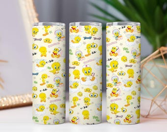 Niedliche gelbe Vogel-Becherfolie (PNG) | Sublimationsdesign für schmale 20-oz-Becher | Pastellfarbenes Cartoon-Muster (digitaler Download)