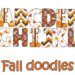 May include: A decorative alphabet set featuring letters A through L, each with a unique autumn-themed design. The letters are filled with patterns of leaves, trees, and chevron stripes in fall colors. The words "Fall doodles" are written below the alphabet.