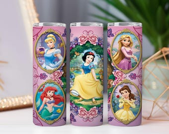 Prinzessinnen-Becherfolie (PNG) | Sublimationsdesign für schmale 20-oz-Becher | Blumenmotiv mit Märchenmotiv (digitaler Download)