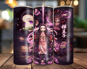 Anime-Dämonenmädchen-Design für 20-oz-Becher (PNG) | Pink Bamboo Warrior Skinny-Becher-Sublimationsdesign | Digitaler Download