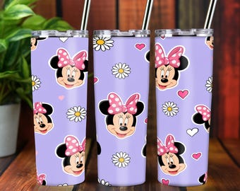 Niedliche Maus-Mädchen-Becherfolie (20 oz) | Sublimationsdesign für schmale Becher mit rosa Schleife und Gänseblümchen | Cartoon-Download