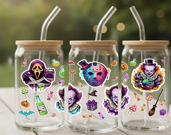 Gruseliges Halloween-Design für 473-ml-Glasdosen (PNG) | Unheimlicher Clown und Slasher | Libbey-Glassublimationsdesign | Digitaler Download