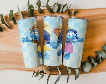 Diseño PNG para vasos con personajes de dibujos animados azules, 20 oz y 30 oz, descarga digital por sublimación, diseño infantil recto y cónico.