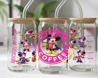 Niedliche Maus-Hexe-Etikette für 473-ml-Libbey-Glasdosen (PNG) | Rosa Halloween-Kaffee-Sublimationsdesign | Digitaler Download