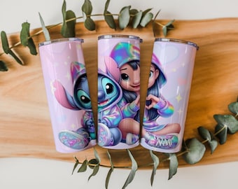 Envoltura para vaso arcoíris de Stitch & Girl, PNG / Diseño de sublimación de dibujos animados / 20 oz 30 oz, descarga digital