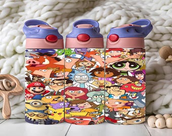Cartoon-Figuren-Collage für 350-ml-Becher (PNG) | Buntes Retro-Design für Kinderbecher (nahtlos, Sublimationsdruck) | Digitaler Download