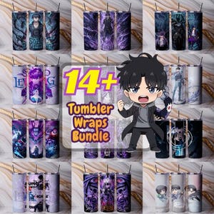 May include: A digital collection of 14+ tumbler wraps featuring anime-style character illustrations from Solo Leveling, displayed on cylindrical containers with straws, alongside a central chibi character graphic and the text 14+ Tumbler Wraps Bundle.