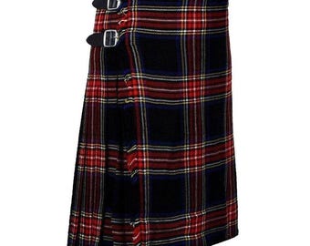 Scottish Traditional Black Stewart 8 Yard Heavy Weight Tartan Kilt - Men's Handmade Tartan Kilts