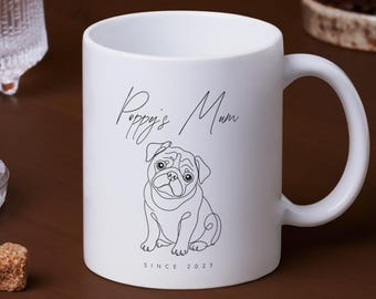 Taza con diseño de carlino, regalos personalizados con ilustraciones lineales para padres perrunos, regalo conmemorativo y de condolencia personalizado con retrato de mascota, regalo para amantes de los carlinos