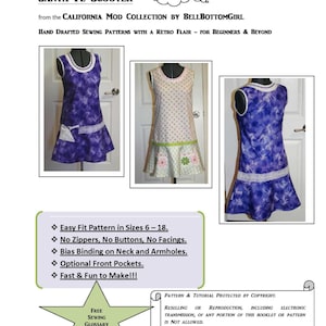 Könnte beinhalten: Ein Schnittmuster für ein ärmelloses Kleid namens "Santa Fe Scooter" aus der "California Mod Collection" von Bellbottomgirl. Das Schnittmuster ist für die Größen 6-18 und enthält Anweisungen für einen Schrägbandbesatz an Hals und Armlöchern, optionale Eingrifftaschen und wird als "schnell und einfach zu nähen" beschrieben.