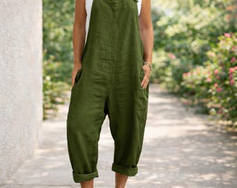 Tuta intera estiva da donna in cotone e lino – Salopette a vita alta, ampia e fluida con tasche – Pantaloni comodi in stile boho chic