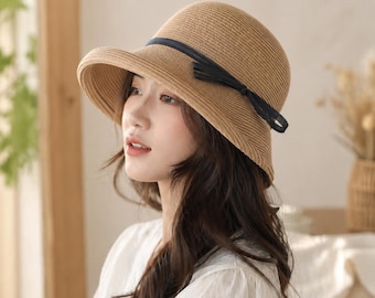 Gorro de paja para mujer con protección solar y correa: sombrero de playa plegable de estilo victoriano.