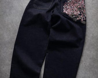 Jean brodé Sakura – Coupe décontracté, Denim Coton Stretch, Style streetwear, unisexe