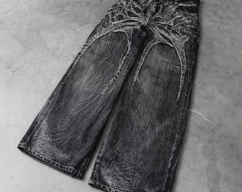 Jeans larghi vintage Y2K – Ricamo streetwear unisex, vestibilità ampia