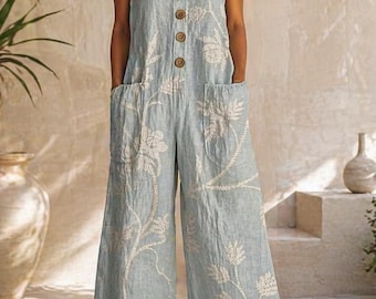 Women's summer sleeveless floral print jumpsuit with pockets