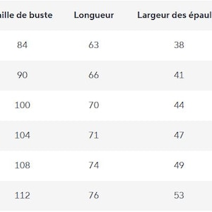 May include: A white chart with black text detailing clothing sizes. The chart includes columns for "Size", "US Size", "Bust Size", "Length", "Shoulder Width", and "Sleeve Length". Sizes range from XS to XXL, with corresponding measurements in inches and centimeters.