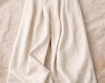 Women's summer trousers, wide leg, elasticated waist with pockets, elegant casual style