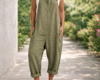 Women's Summer Jumpsuit – High-Waisted Flowy Wide Leg Overalls with Pockets – Boho Chic Comfort Pants