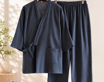 Men's cotton night kimono with long trousers and pockets