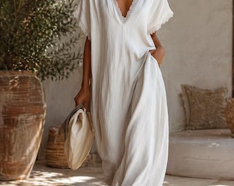 Vestido largo de mujer para verano: escote en V, mangas cortas, encaje elegante.